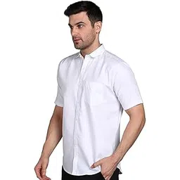Men's Regular Cotton Blend Slim Fit Solid Button Down Spread Collar Half Sleeve Curved Hemline Formal Shirt with One Pocket-image-43