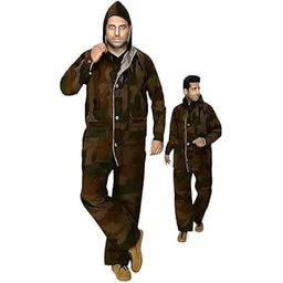 Military Style Camouflage Rainsuit, Waterproof Hooded Jacket and Trousers Set, Brown and Green, Regular Fit-picture-46