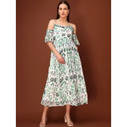 MILOST Floral Print Cold-Shoulder Ruffled Georgette A-Line Midi Dress-picture-11