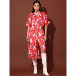 MILOST Floral Print Kimono Sleeve Satin Kaftan Midi Dress-picture-17