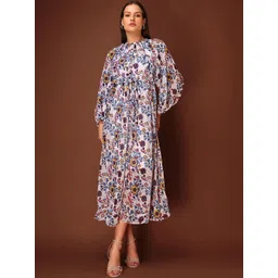 MILOST Floral Print Puff Sleeve Georgette A-Line Midi Dress-picture-14