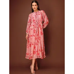 MILOST Floral Print Tie-Up Neck Georgette Maxi Midi Dress-picture-28