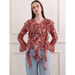 MILOST Print Flared Sleeve Ruffles Georgette Top-picture-13
