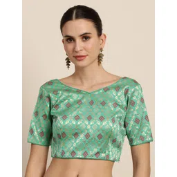 Mimosa Women Turquoise Blue & Red Woven Design Readymade Saree Blouse-picture-17