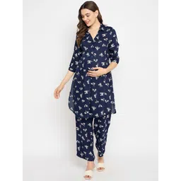 Mine4Nine Floral Printed Shirt Collar Maternity Straight Kurta with Trousers-picture-23