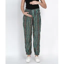 Mine4Nine Rayon Woven Striped & Geometric Printed Maternity Pant - Green-picture-13