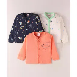 Mini Donuts Interlock Knit Full Sleeves Front Open Vests with Text & Space Theme Print Pack of 3 - White Orange & Navy Blue-picture-27