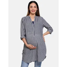 MINI KLUB Checked Mandarin Collar Roll-Up Sleeves Cotton Longline Top-picture-39