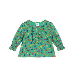 MINI KLUB Cotton Full Puffed Sleeves Frill Detailed Abstract Printed Top - Green-picture-24