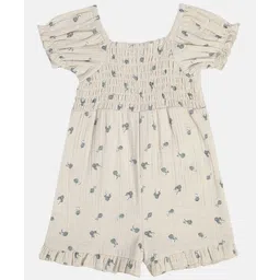 MINI KLUB Cotton Half Sleeves Floral Printed Smocked Dungaree - Beige-picture-28