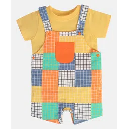 MINI KLUB Cotton Knit Checked Dungaree With Half Sleeves Tee - Orange-picture-15