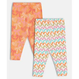 MINI KLUB Cotton Knit Pack Of 2 Bows & Waves Printed Leggings - Orange & Pink-picture-13