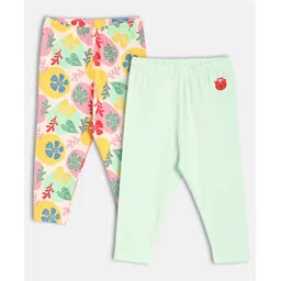 MINI KLUB Cotton Knit Pack Of 2 Floral Printed & Cat Embroidered Leggings - Pink & Green-picture-22