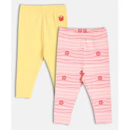 MINI KLUB Cotton Knit Pack Of 2 Floral Printed & Cat Embroidered Leggings - Pink & Yellow-picture-21