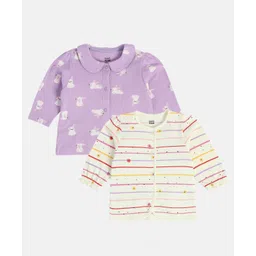 MINI KLUB Cotton Knit Pack Of 2 Full Sleeves Animal & Floral Printed Jhablas - Lavender & White-picture-35