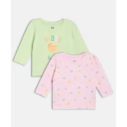 MINI KLUB Cotton Knit Pack Of 2 Full Sleeves Daddy Little Girl Text & Planet Printed Tops - Green & Pink-picture-11
