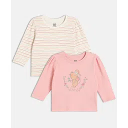 MINI KLUB Cotton Knit Pack Of 2 Full Sleeves Striped & Floral Printed Tops - Pink & White-picture-33