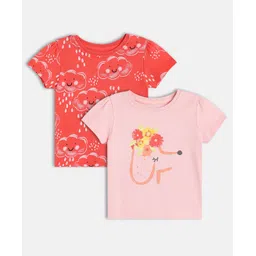 MINI KLUB Cotton Knit Pack Of 2 Half Sleeves Floral & Cloud Printed Tops - Red & Pink-picture-24
