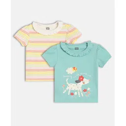 MINI KLUB Cotton Knit Pack Of 2 Half Sleeves Striped & Dog Printed Tops - White & Blue-picture-26
