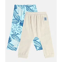 MINI KLUB Cotton Knit Pack Of 2 Solid & Leaves Printed Pajamas - White & Sky Blue-image-11