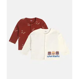 MINI KLUB Cotton Pack Of 2 Full Sleeves Little Monster & Super Robots Text Printed Vests - Brown & Cream-picture-16