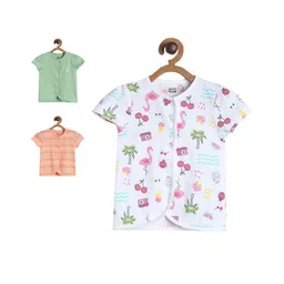 MINI KLUB Cotton Pack Of 3 Half Sleeves Beach Theme Printed & Striped Jhablas - White Pink & Green-picture-22