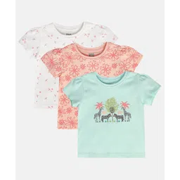 MINI KLUB Cotton Pack Of 3 Half Sleeves Floral & Animals Printed Tops - Blue Pink & White-picture-38