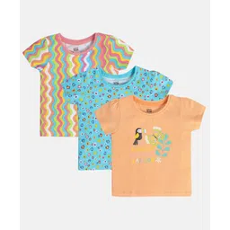 MINI KLUB Cotton Pack Of 3 Half Sleeves Floral & Birds Printed Knit Top - Blue Pink & Peach-picture-36
