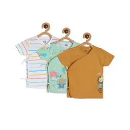 MINI KLUB Cotton Pack Of 3 Half Sleeves Striped & Baby Animals Printed Jhablas - White Green & Brown-picture-26