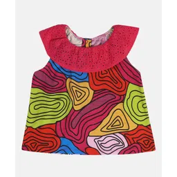 MINI KLUB Cotton Sleeveless Abstract Printed Schiffli Designed Top - Pink-picture-27