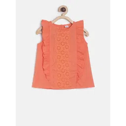 MINI KLUB Girls Coral Orange Self Design A-Line Pure Cotton Top-picture-23