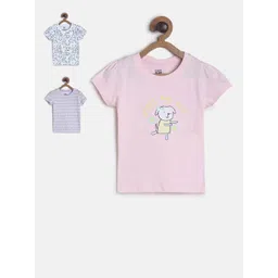 MINI KLUB Girls Pack of 3 Graphic Printed Puff Sleeves Pure Cotton Top-picture-45