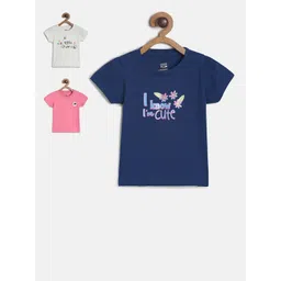MINI KLUB Girls Pack of 3 Navy Blue & Pink Printed Pure Cotton Regular Top-picture-26