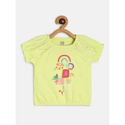 MINI KLUB Girls Round Neck Short Puff Sleeve Cotton Graphic Print Blouson Top-picture-27