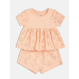 MINI KLUB Girls Self Design Round Neck Pure Cotton Top With Shorts-picture-32