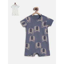 MINI KLUB Infant Boys Blue & White Pack Of 2 Printed Pure Cotton Rompers-picture-46