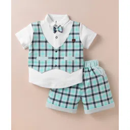 Mini Taurus Cotton Knit Half Sleeves Attached Waistcoat Shirt & Shorts Set with Checks & Bow Applique - Mint-picture-23