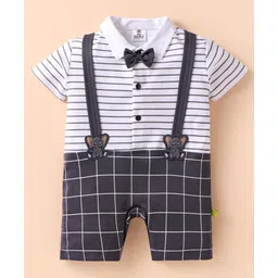 Mini Taurus Interlock Knit Half Sleeves Collared Romper with Elephant Patch Stripes & Bow Applique - Charcoal Grey-picture-13
