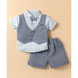 Mini Taurus Interlock Knit Half Sleeves Floral Printed T-Shirt & Shorts Set With Attached Waistcoat & Bow Applique - Light Blue & Grey-picture-14