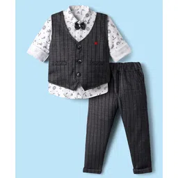 Mini Taurus Sinker Knit Full Sleeves 3 Piece Party Suit with Bow & Nautical Print - Black & White-picture-17