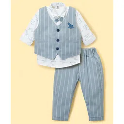 Mini Taurus Sinker Knit Full Sleeves Three Piece Party Suit With Stripes & Horse Embroidery - Light Grey-picture-17