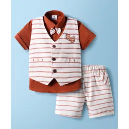 Mini Taurus Sinker Knit Half Sleeves Three Piece Party Suit with Stripes Pocket Embroidery Detailing & Bow Applique - Rust Orange & White-picture-27