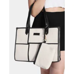 MINI WESST Women's White Canvas Tote Bag with Black Trim and Matching Pouch (Set of 2)-picture-17