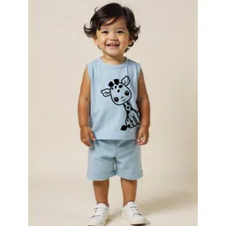 Minicult Unisex Kids Animal Printed Round Neck Sleeveless Pure Cotton T-shirt With Shorts-image-29