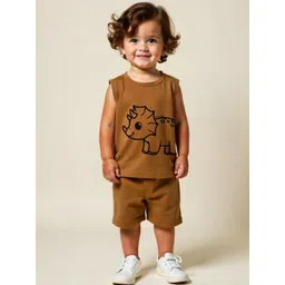 Minicult Unisex Kids Animal Printed Round Neck Sleeveless Pure Cotton T-shirt With Shorts-image-35