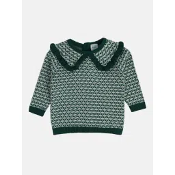 MINIKLUB Girls Green & White Self Design Full Sleeves Sweater-picture-45