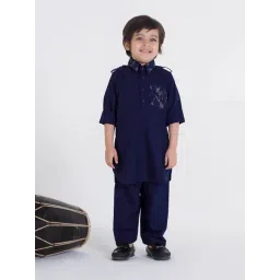 Ministitch Boys Ink Blue Cotton Silk Printed Kurta Set-picture-35
