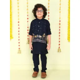 Ministitch Boys Navy Cotton Silk Embroidered Regular Fit Kurta Set-picture-21
