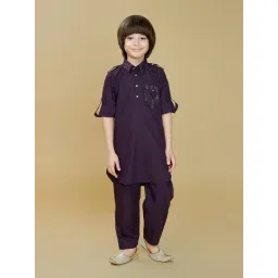 Ministitch Boys Purple Cotton Silk Solid Kurta and Pants-picture-31