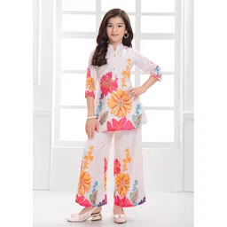 Ministitch Cotton Blend Woven Three Fourth Sleeves Floral Printed Kurti & Palazzo Set - White image 1